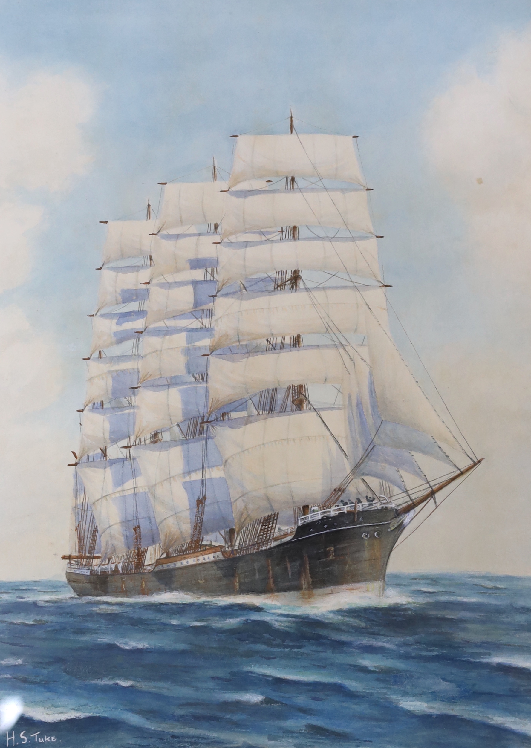 Circle of Henry Scott Tuke (1858-1929), watercolour, Clipper ship at sea, signed, 36 x 26cm